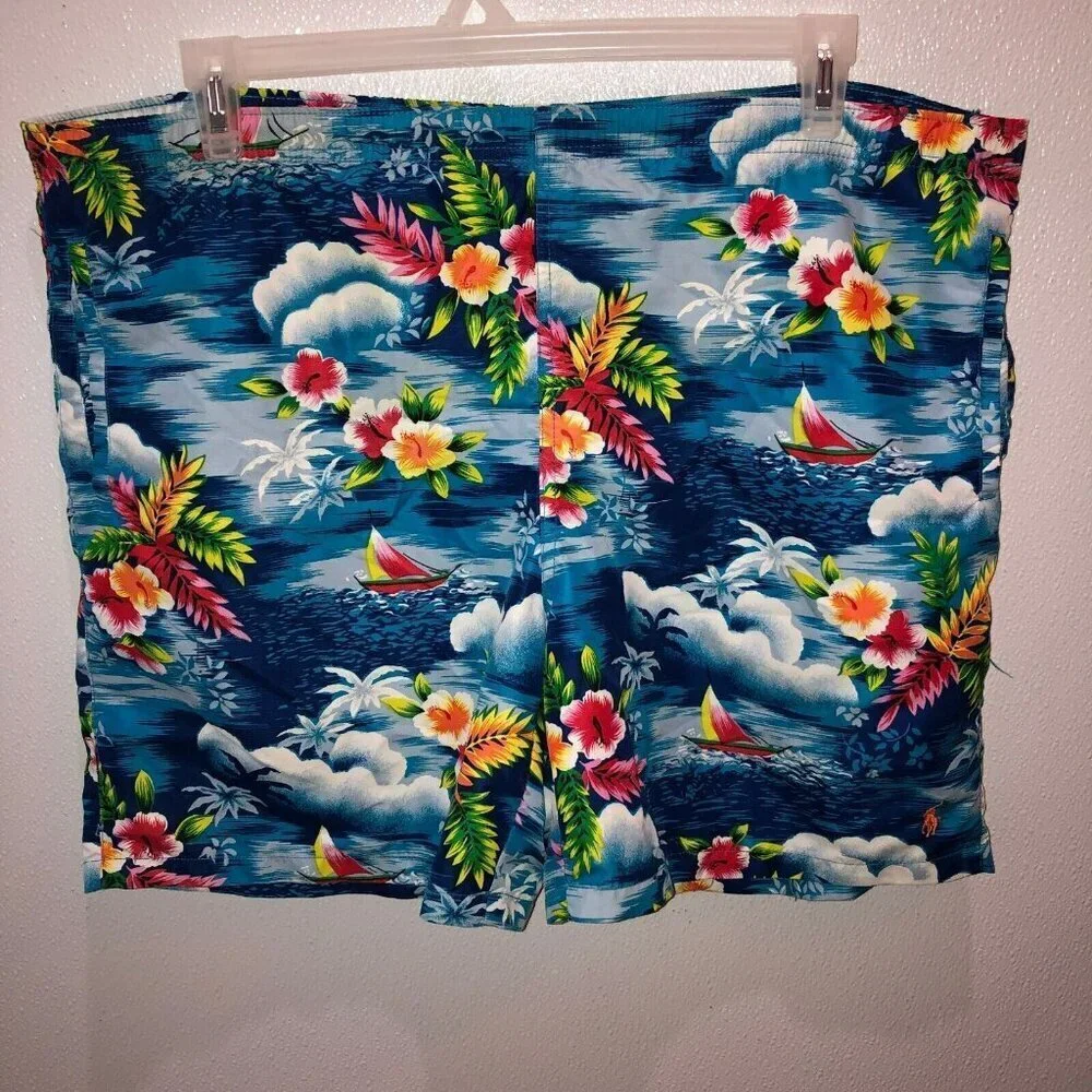 VTG Polo Sport Ralph Lauren Mens Large Blue Hawaiian Floral Shorts Swim Trunks L